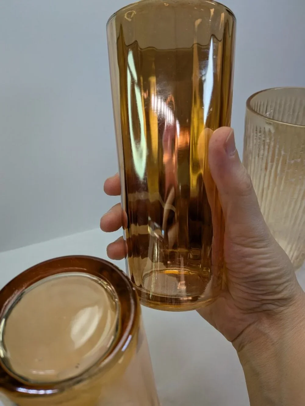 Vintage MCM Tan Marigold Iridescent Glass Tumbler Trio - 3 Pc Mixed Texture Set
